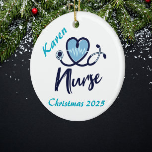 Elegante Verpleegster Blauwe Hart Personaliseer Keramisch Ornament