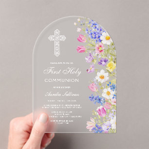 Elegante verse meadowbloemen boog Eerste Communie Acryl Uitnodigingen