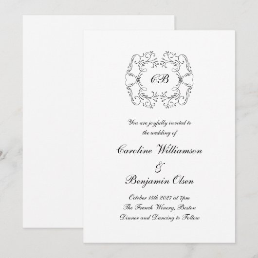 Elegante Versierde Parijse Zwarte en Witte Bruilof Kaart (Voorkant / Achterkant)