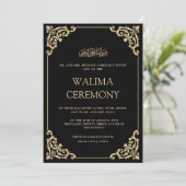 Elegante Versierde Zwarte Gouden Lijst Walima Cere Kaart (Staand voorkant)
