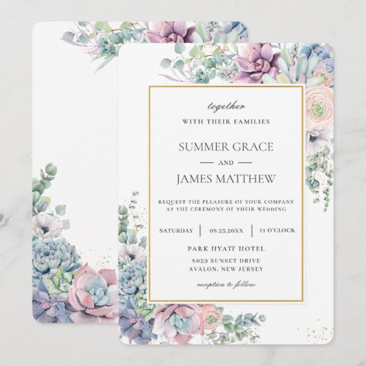 Elegante vetplanten Blush Bloemen Groen Bruiloft Kaart (Voorkant / Achterkant)