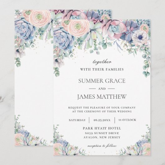 Elegante vetplanten Blush Bloemen Groen Bruiloft Kaart (Voorkant / Achterkant)