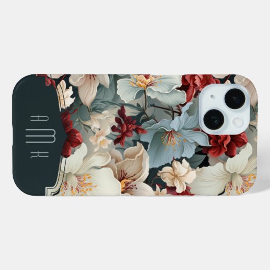 Elegante Vette Bloemen met Douane Monogram Case-Mate iPhone Case (Achterkant (horizontaal))