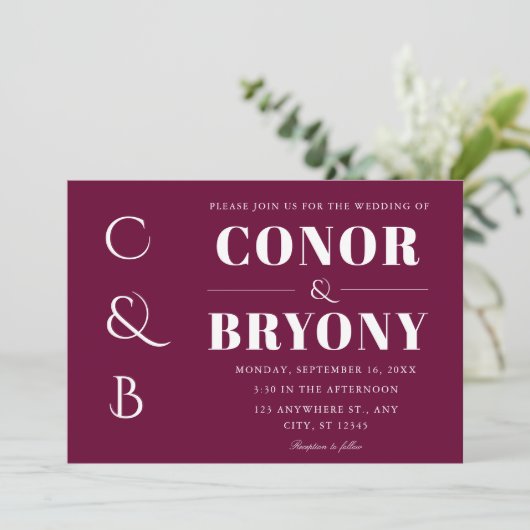 Elegante vette namen Monogram Bourgogne bruiloft Kaart (Staand voorkant)