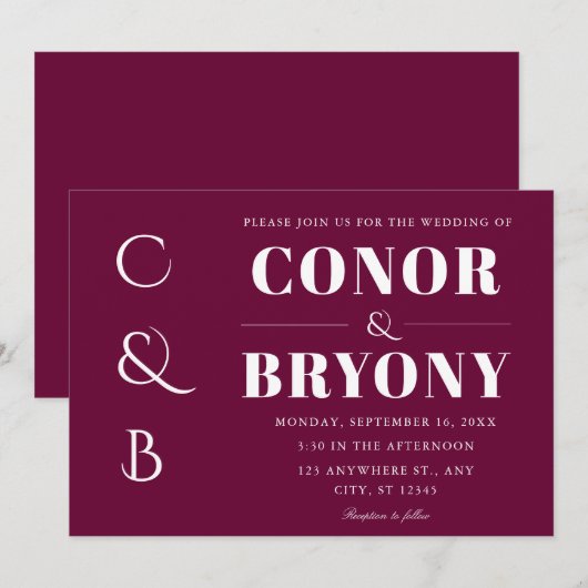 Elegante vette namen Monogram Bourgogne bruiloft Kaart (Voorkant / Achterkant)