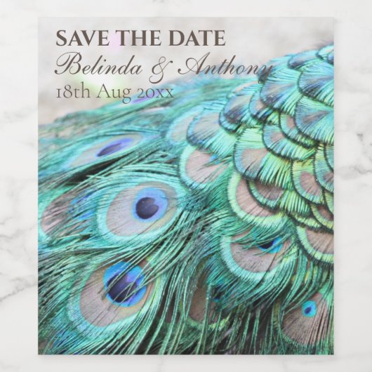 Elegante Vibrant Blauwgroen Peacock Feather Save t Wijn Etiket (Enkel label)