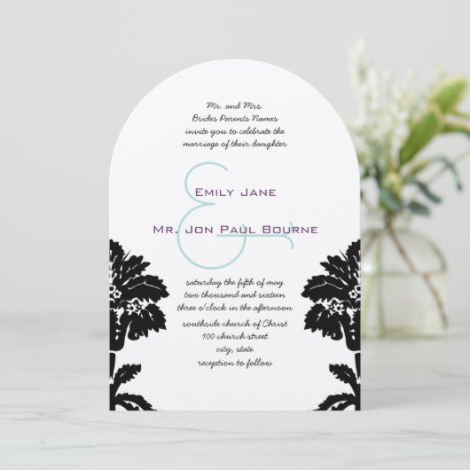 Elegante Victoriaans Black Damask Wedding Kaart (Staand voorkant)