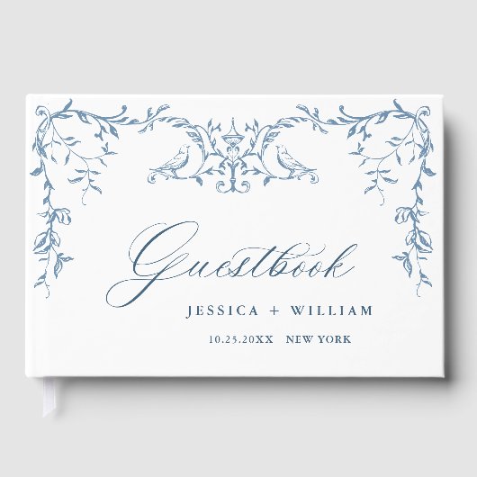 Elegante Victoriaans Blauwe Bloemen bruiloft Gastenboek (Voorkant)