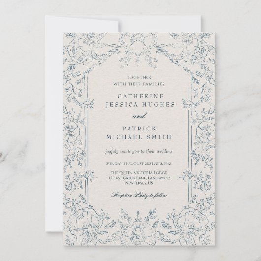 Elegante Victoriaans Blauwe Bloemen bruiloft Kaart (Voorkant)