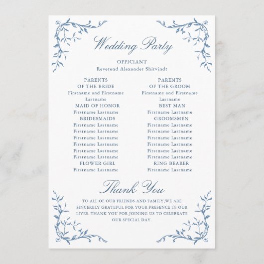 Elegante Victoriaans  Blauwe Bloemen bruiloft Programmakaart (Achterkant)