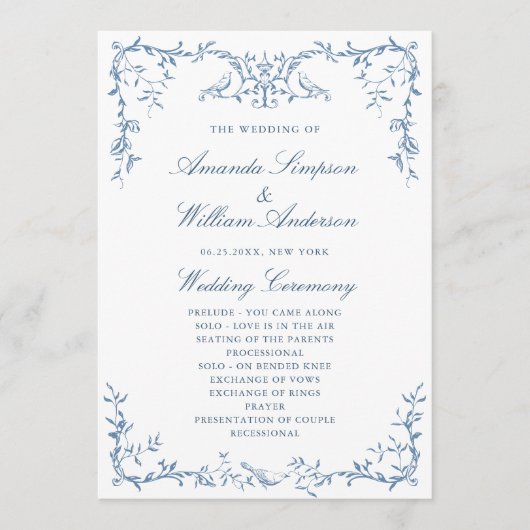 Elegante Victoriaans  Blauwe Bloemen bruiloft Programmakaart (Voorkant)