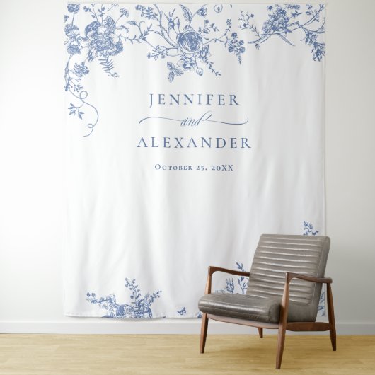 Elegante Victoriaans Blauwe Bloemen Huwelijk Achte Wandkleed (In situ)