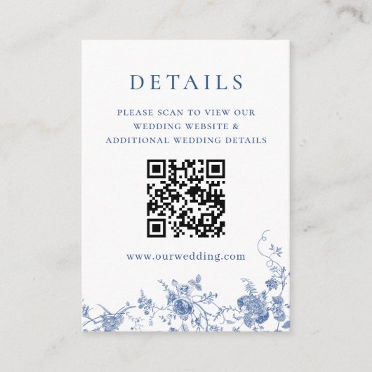 Elegante Victoriaans Blauwe Bloemen QR code Detail Informatiekaartje (Voorkant)