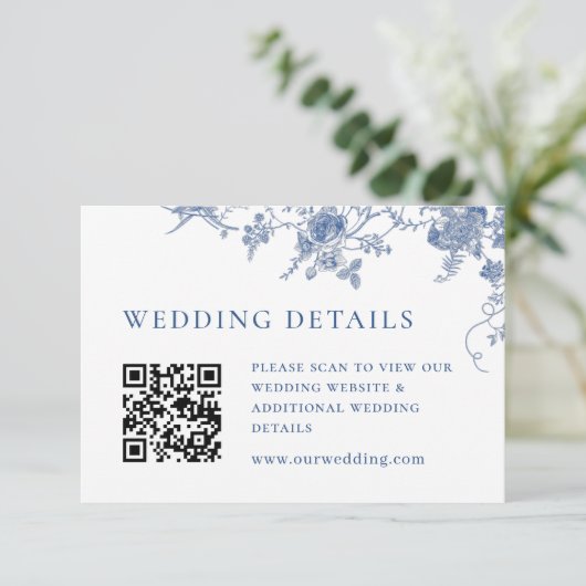 Elegante Victoriaans Blauwe Bloemen QR code Detail Informatiekaartje (Staand voorkant)