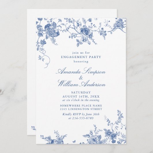 Elegante Victoriaans Blauwe Bloemen VERLOVINGSFEES Kaart (Voorkant / Achterkant)