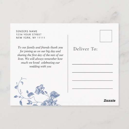 Elegante Victoriaans Blauwe Franse Bloemen Dank u Briefkaart (Achterkant)