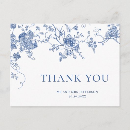 Elegante Victoriaans Blauwe Franse Bloemen Dank u Briefkaart (Voorkant)