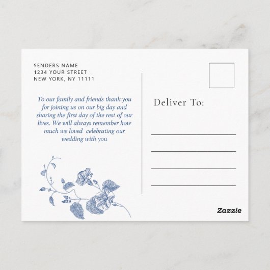 Elegante Victoriaans Blauwe Franse Bloemen Dank u Briefkaart (Achterkant)