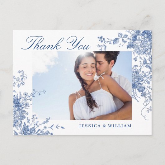 Elegante Victoriaans Blauwe Franse Bloemen Dank u Briefkaart (Voorkant)