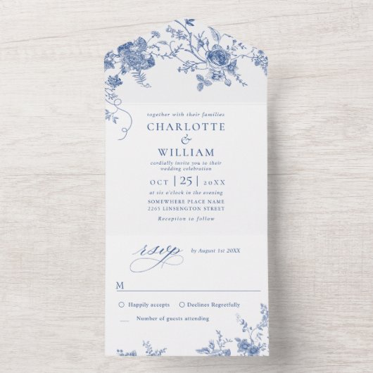 Elegante Victoriaans Blauwe Franse Bloemen Huwelij All In One Uitnodiging (Binnen)
