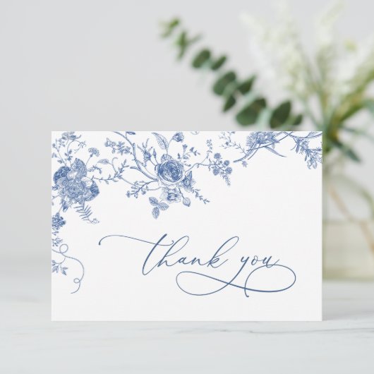 Elegante Victoriaans Blauwe Franse Bloemen Huwelij Bedankkaart (Staand voorkant)