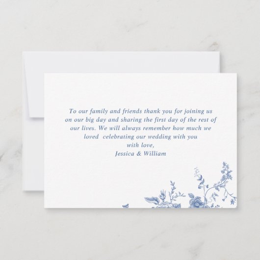 Elegante Victoriaans Blauwe Franse Bloemen Huwelij Bedankkaart (Achterkant)