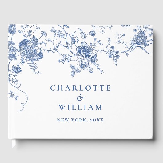 Elegante Victoriaans Blauwe Franse Bloemen Huwelij Gastenboek (Voorkant)