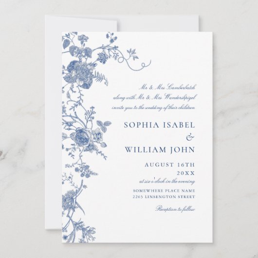 Elegante Victoriaans Blauwe Franse Bloemen Huwelij Kaart (Voorkant)