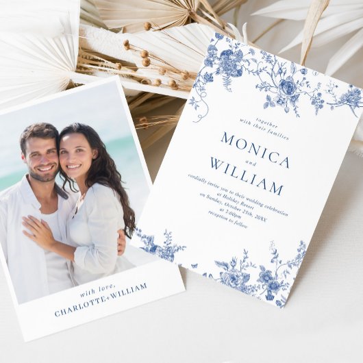 Elegante Victoriaans Blauwe Franse Bloemen Huwelij Kaart