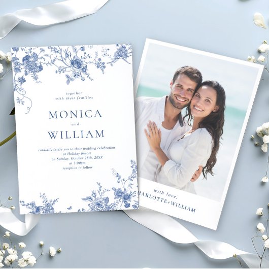 Elegante Victoriaans Blauwe Franse Bloemen Huwelij Kaart