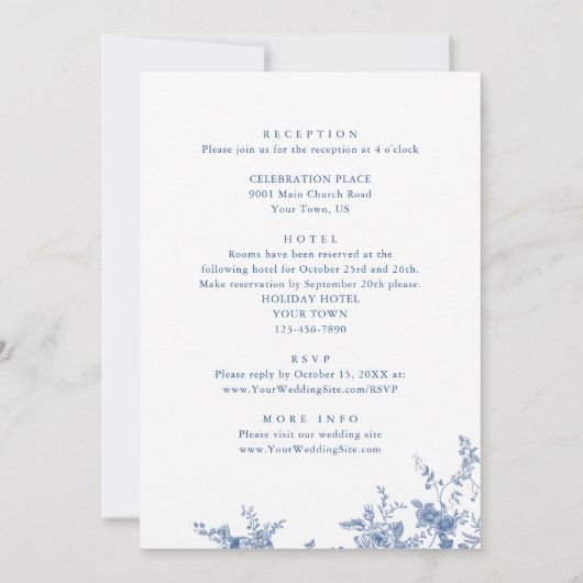 Elegante Victoriaans Blauwe Franse Bloemen Huwelij Kaart (Achterkant)