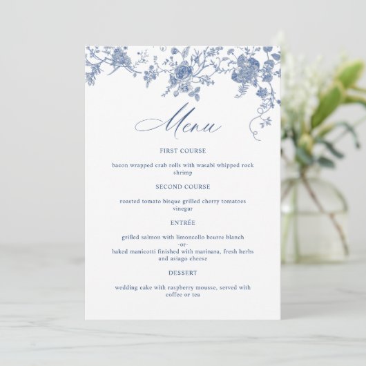 Elegante Victoriaans Blauwe Franse Bloemen Huwelij Menu (Staand voorkant)