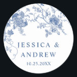 Elegante Victoriaans Blauwe Franse Bloemen Huwelij Ronde Sticker<br><div class="desc">Voor verdere aanpassing,  te klikken gelieve de "pas verder"verbinding aan en ons ontwerphulpmiddel te gebruiken om deze sjabloon te wijzigen. Neem contact met me op als je hulp of overeenkomende objecten nodig hebt.</div>