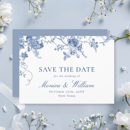 Elegante Victoriaans Blauwe Franse Bloemen Huwelij Save The Date