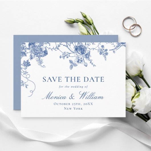 Elegante Victoriaans Blauwe Franse Bloemen Huwelij Save The Date