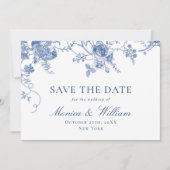 Elegante Victoriaans Blauwe Franse Bloemen Huwelij Save The Date (Voorkant)