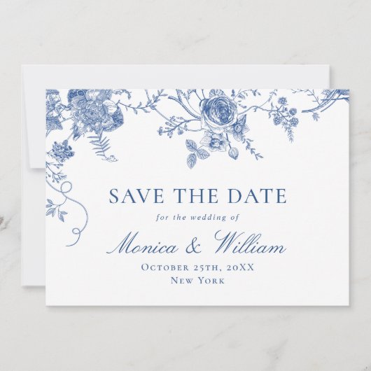 Elegante Victoriaans Blauwe Franse Bloemen Huwelij Save The Date (Voorkant)