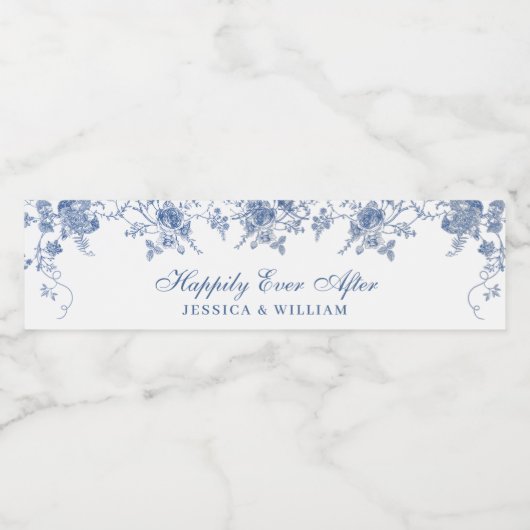 Elegante Victoriaans Blauwe Franse Bloemen Huwelij Waterfles Etiket (Enkel label)