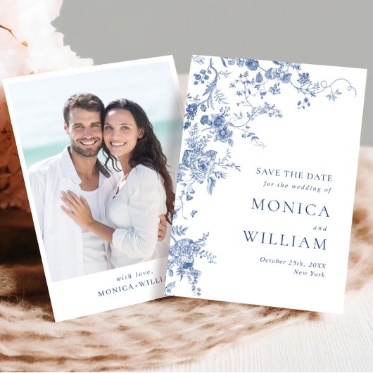 Elegante Victoriaans Blauwe Franse Bloemen Trouwfo Save The Date