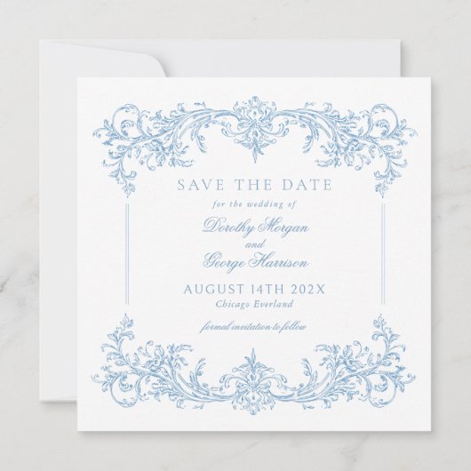 Elegante Victoriaans Blue Wedding Save the Date (Achterkant)