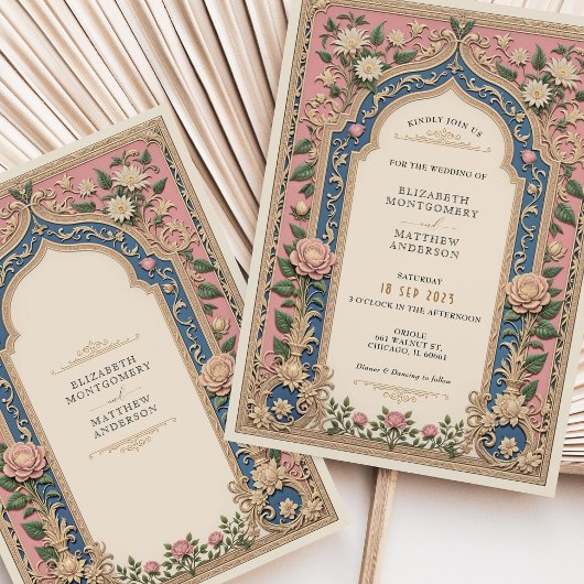 Elegante Victoriaans bruiloft Roze & Blauwe Bloeme Kaart