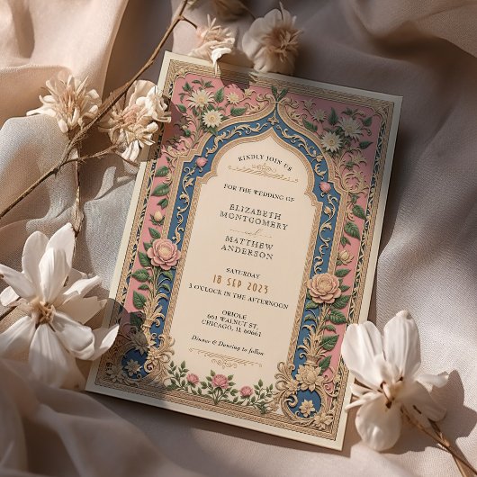 Elegante Victoriaans bruiloft Roze & Blauwe Bloeme Kaart