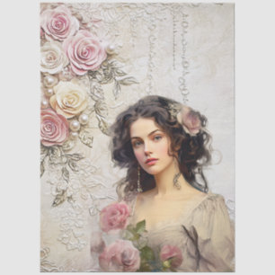 Elegante Victoriaans Era Lady Pink Roses & Lace Tissuepapier