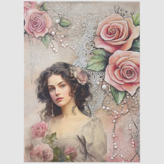 Elegante Victoriaans Era Lady Pink Roses & Lace Tissuepapier (Voorkant)