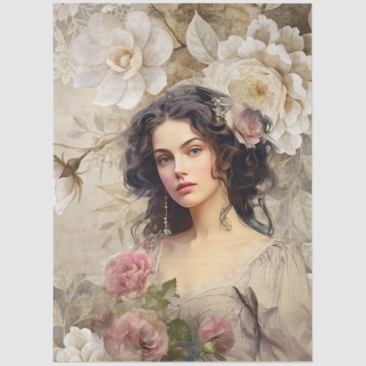 Elegante Victoriaans Era Lady White & Roze Bloemen Tissuepapier (Voorkant)