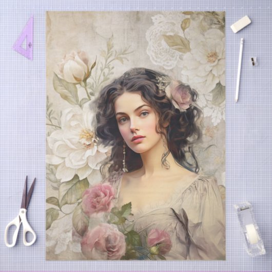 Elegante Victoriaans Era Lady White & Roze Bloemen Tissuepapier (Craft)