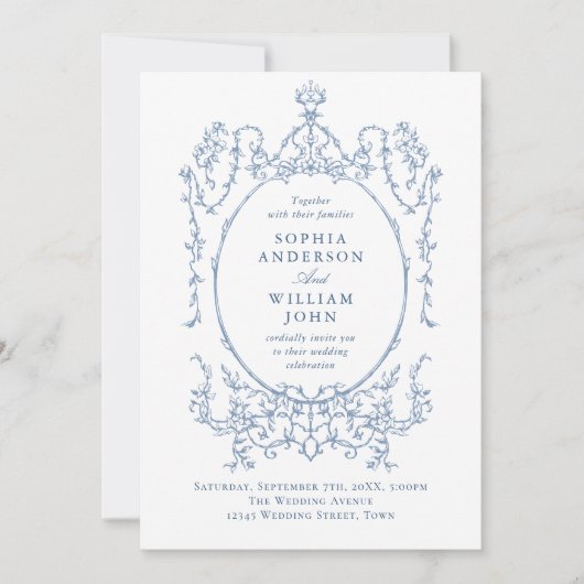Elegante Victoriaans  Floral Dusty Blue Wedding Kaart (Voorkant)