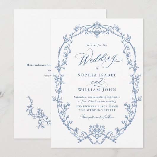 Elegante Victoriaans Floral Dusty Blue Wedding Kaart (Voorkant / Achterkant)