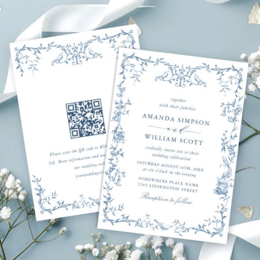 Elegante Victoriaans Floral Dusty Blue Wedding Kaart