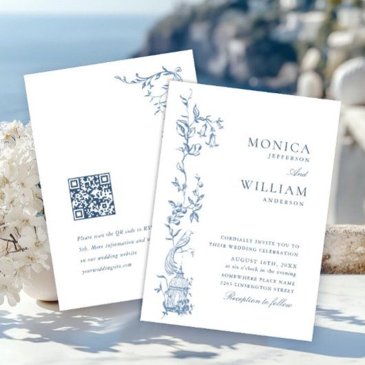 Elegante Victoriaans  Floral Dusty Blue Wedding Kaart